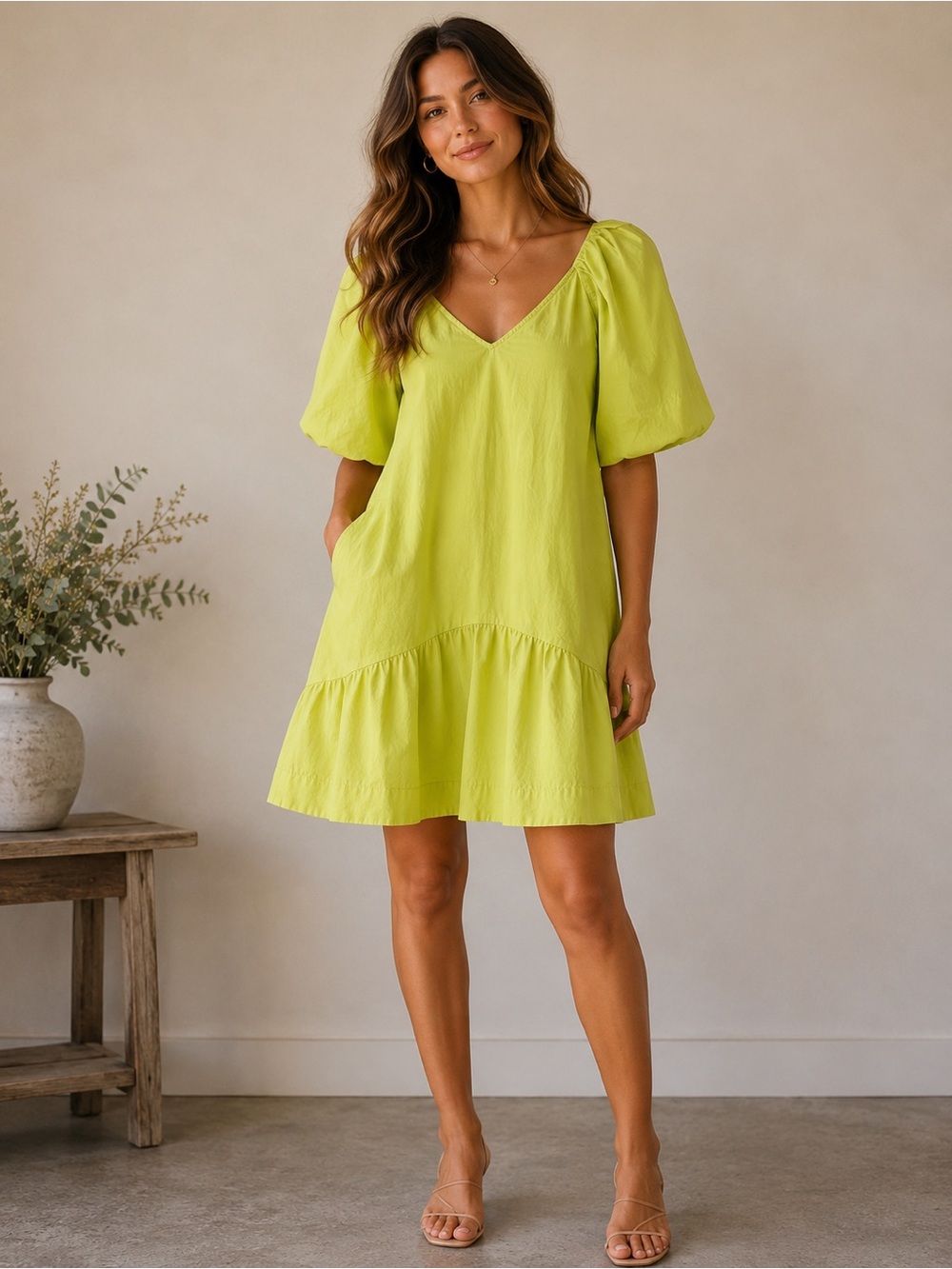 A New Day lime yellow Flutter summer boho style Short sleeve mini dress